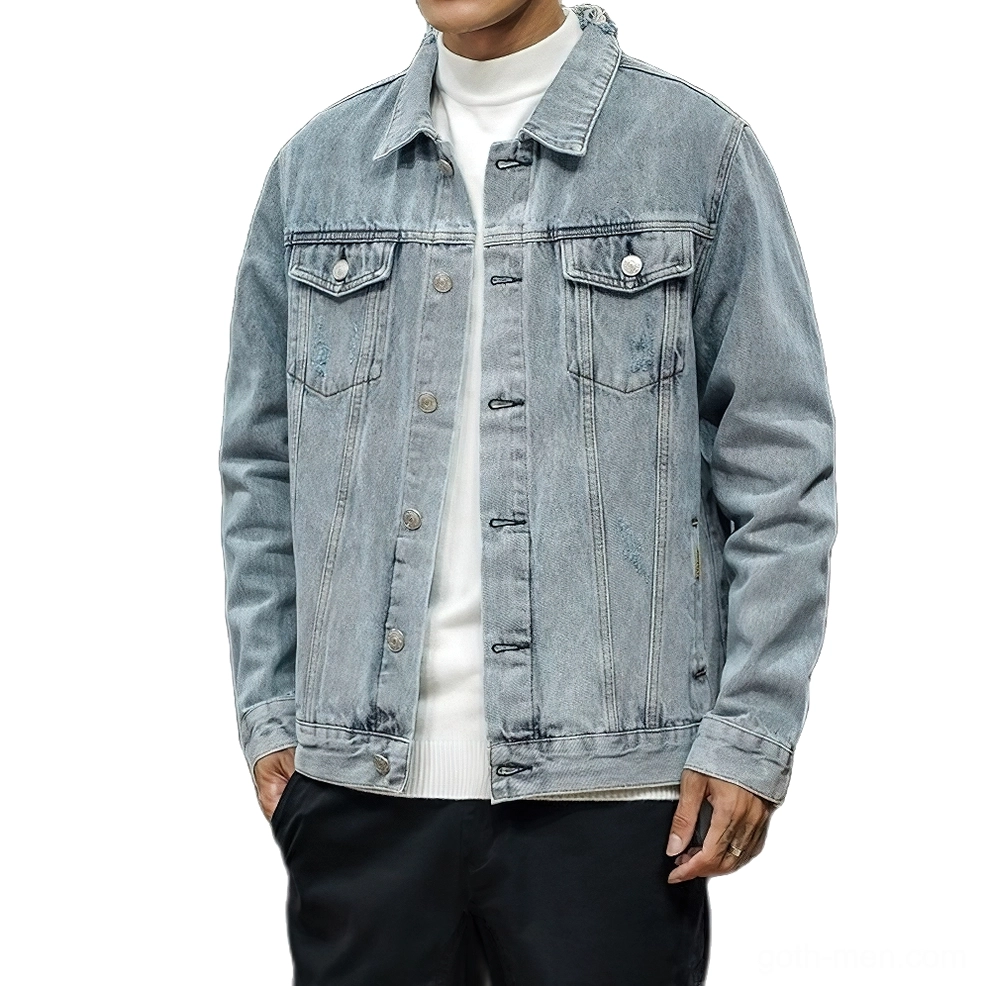 Men's blue gothic denim jacket worn on model, front view showing turn-down collar, button closure, and structured silhouette - dark alternative style