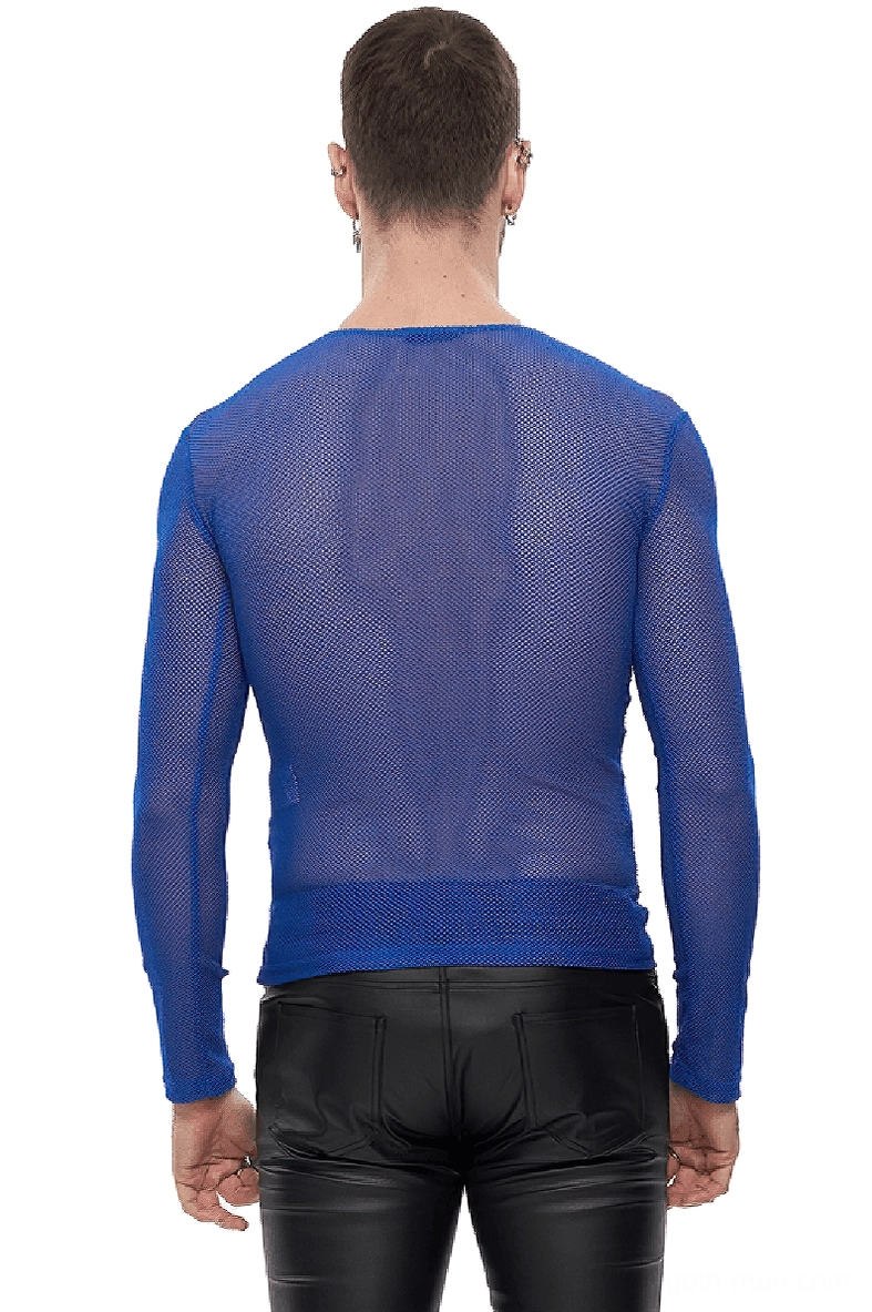 Men's electric blue transparent mesh long sleeve top back view with black leather pants