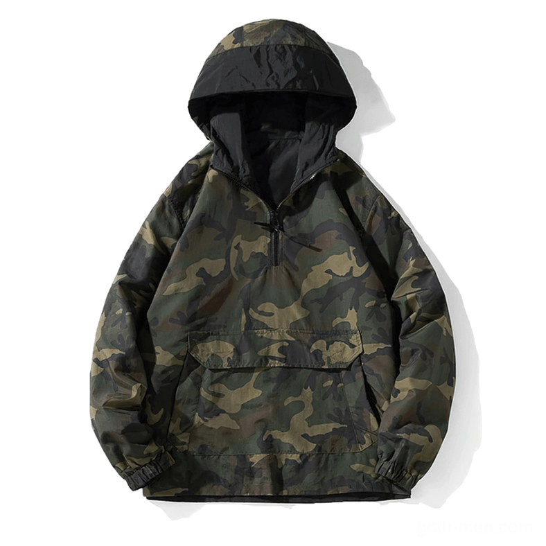 Flat lay front view of men's tactical camo gothic hoodie with half-zip placket and kangaroo pocket