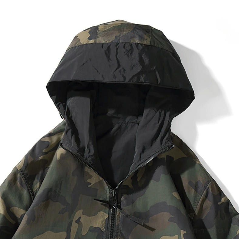Full body side profile of oversized camo gothic military hoodie showcasing silhouette and fit