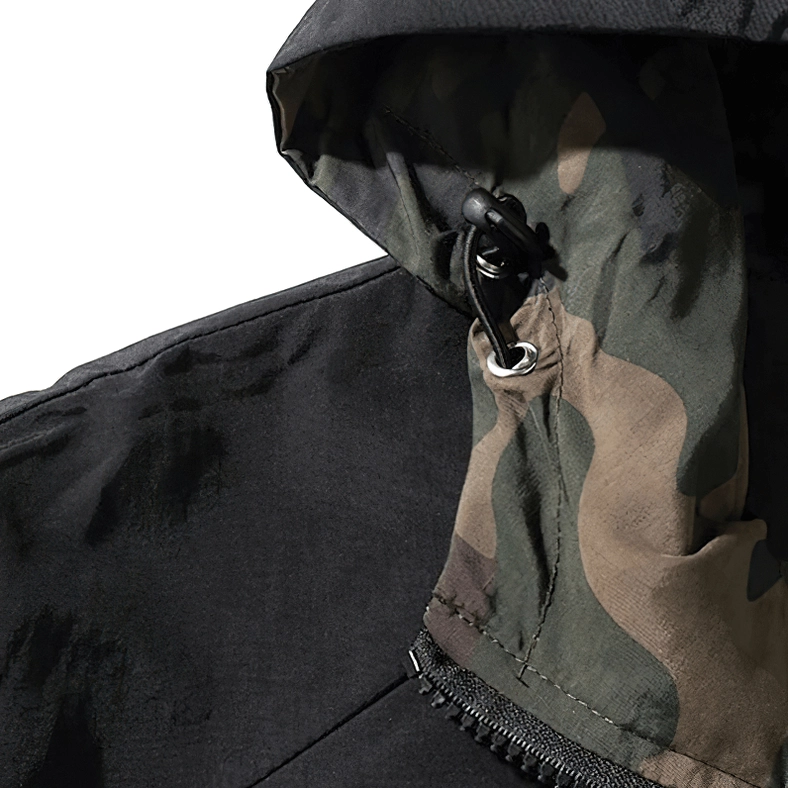 Model wearing camo gothic military hoodie showing oversized fit and casual street aesthetic