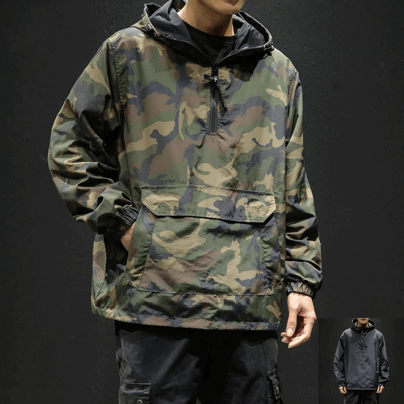 Male model wearing camo gothic half-zip hoodie three-quarter side view with hand in pocket