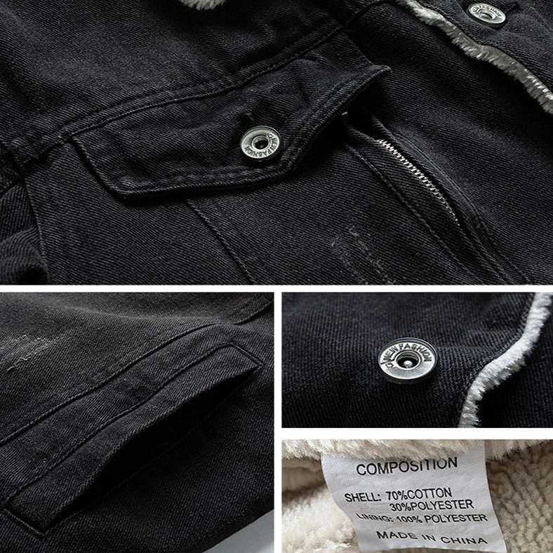 Men's denim sherpa jacket detail closeups showing snap buttons fabric composition tag and pocket construction
