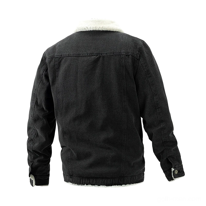 Men's sherpa-lined denim trucker jacket back view showing tailored silhouette and hidden inner fleece lining, flat lay