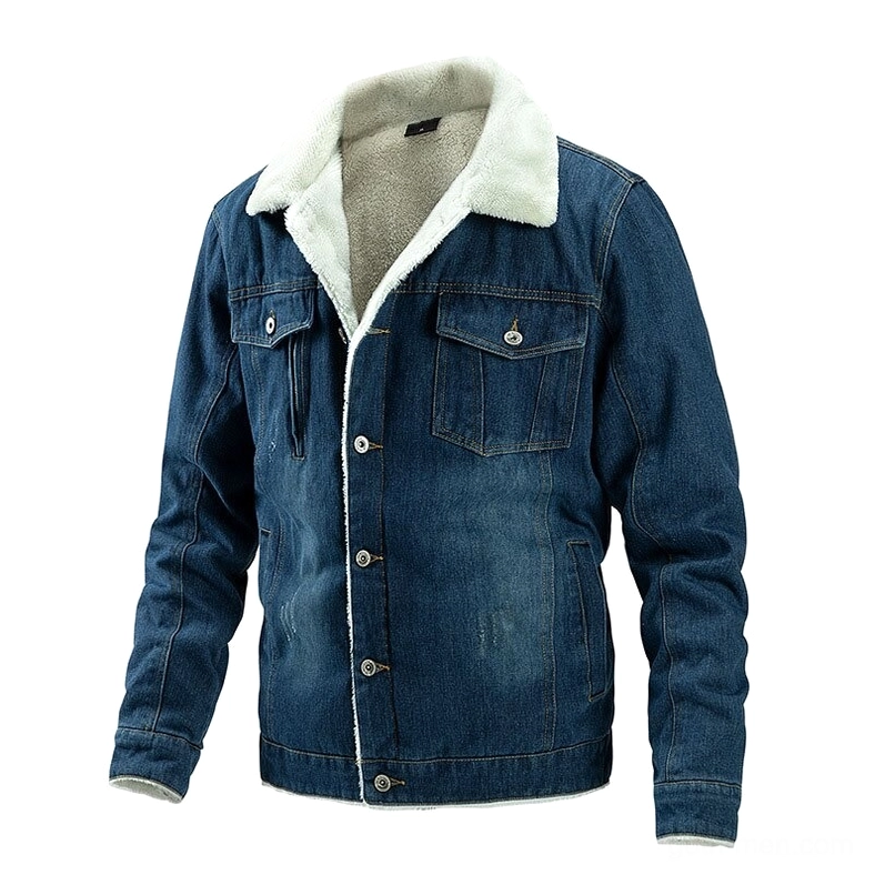 Men's sherpa-lined denim trucker jacket medium blue wash front view with snap flap chest pockets detail