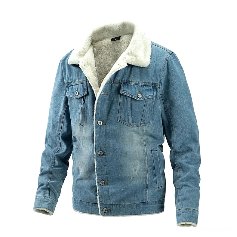 Men's sherpa-lined denim trucker jacket light blue wash front view with button-front snap closure and collar detail