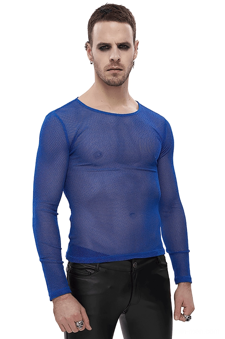 Men's electric blue sheer mesh long sleeve gothic top front view on model