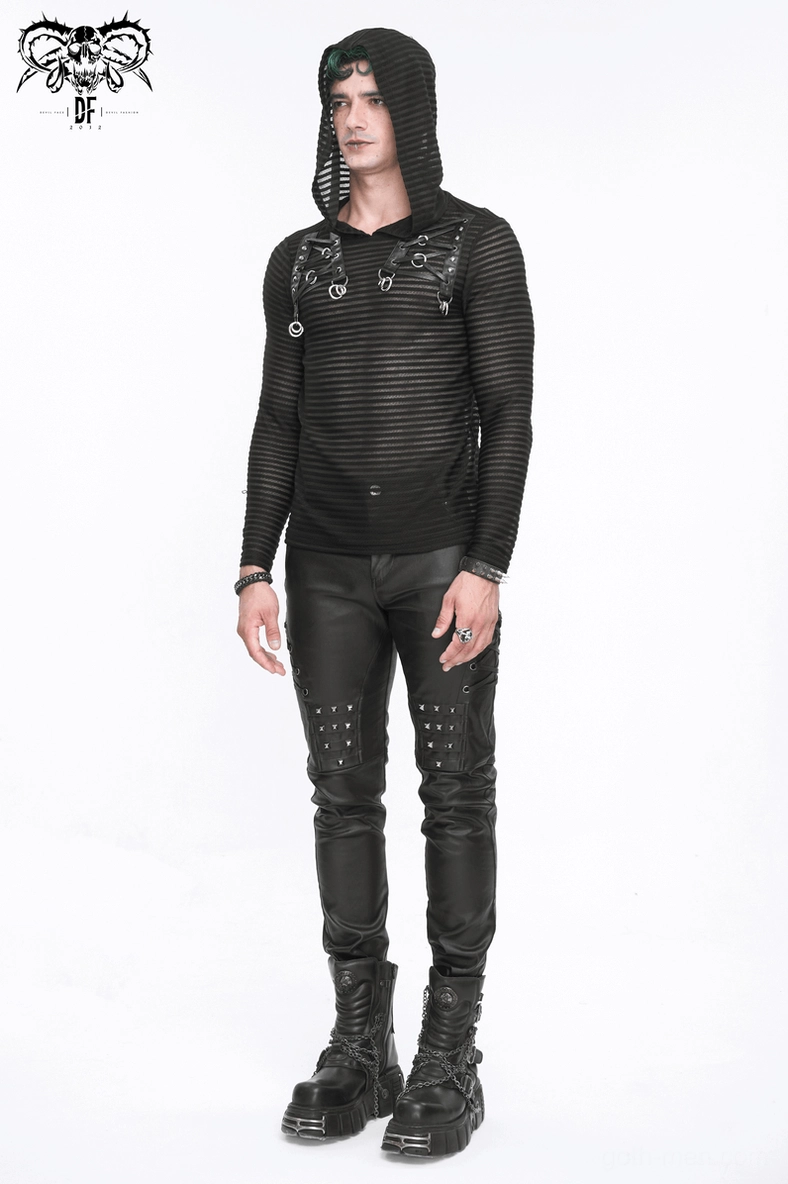 Complete view of men's gothic striped hoodie with all lace-up harness features visible
