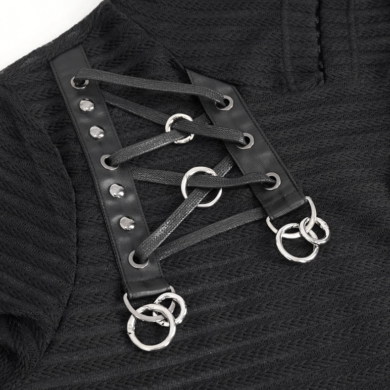 Men's gothic striped hoodie with lace-up harness detail on display form