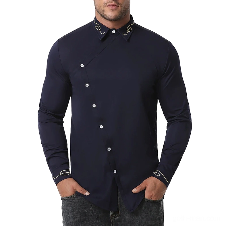 Men's asymmetric gothic shirt with embroidered gold collar and cuff detailing in navy blue