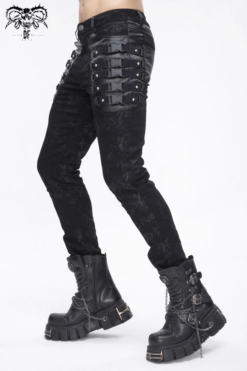Comprehensive product view of black gothic men's buckled strap trousers showing all design elements