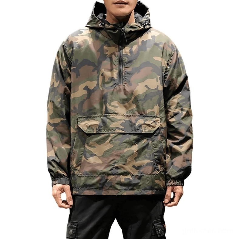 Men's black camo gothic half-zip pullover hoodie front view with adjustable drawstring hood and front patch pocket