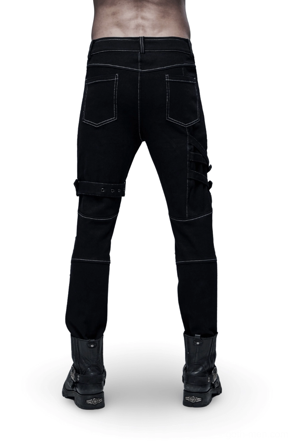 Gothic cargo pants rear view displaying back pockets and thigh strap decorations
