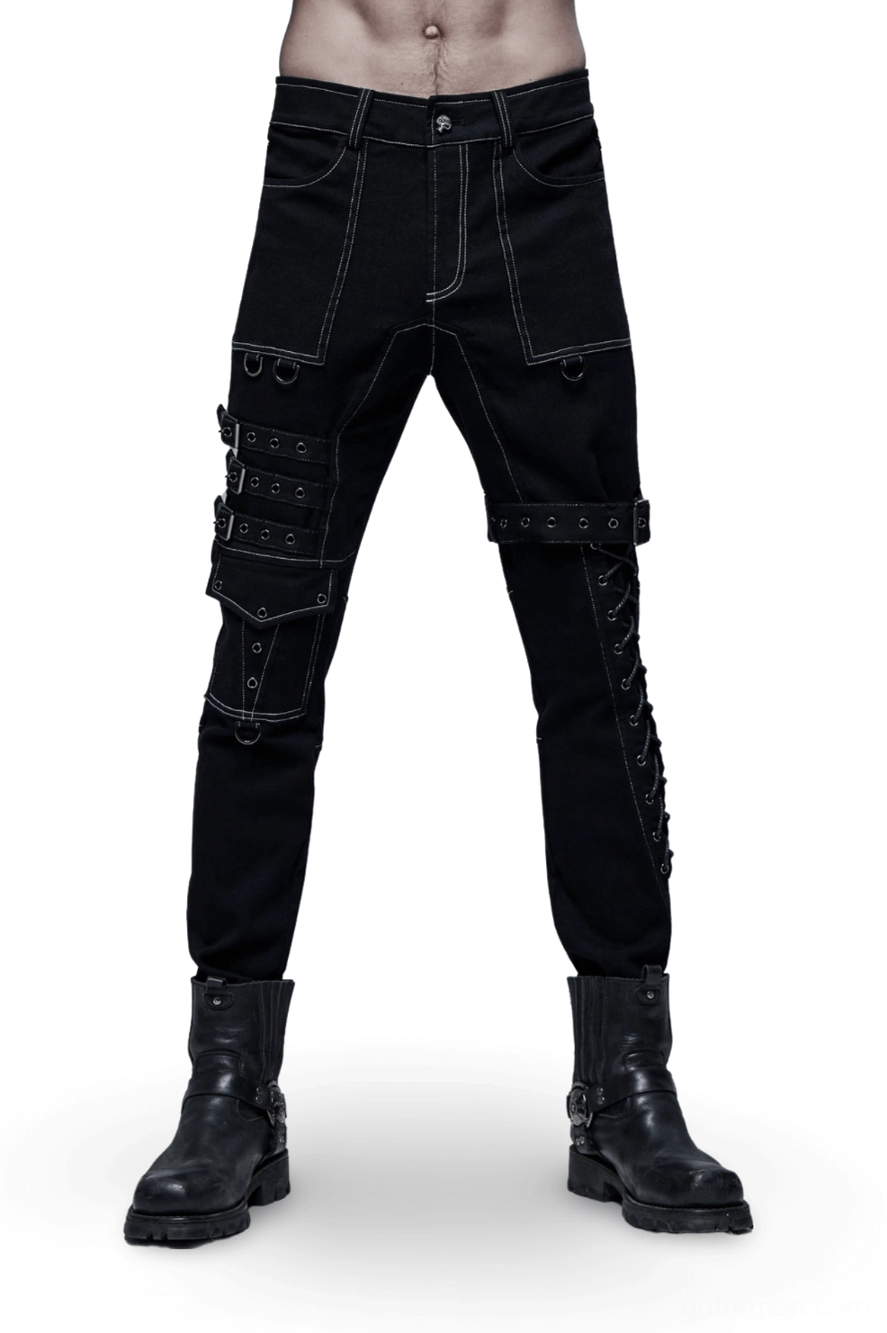 Men's gothic buckled cargo pants front full-body view showing contrast stitching and buckle straps