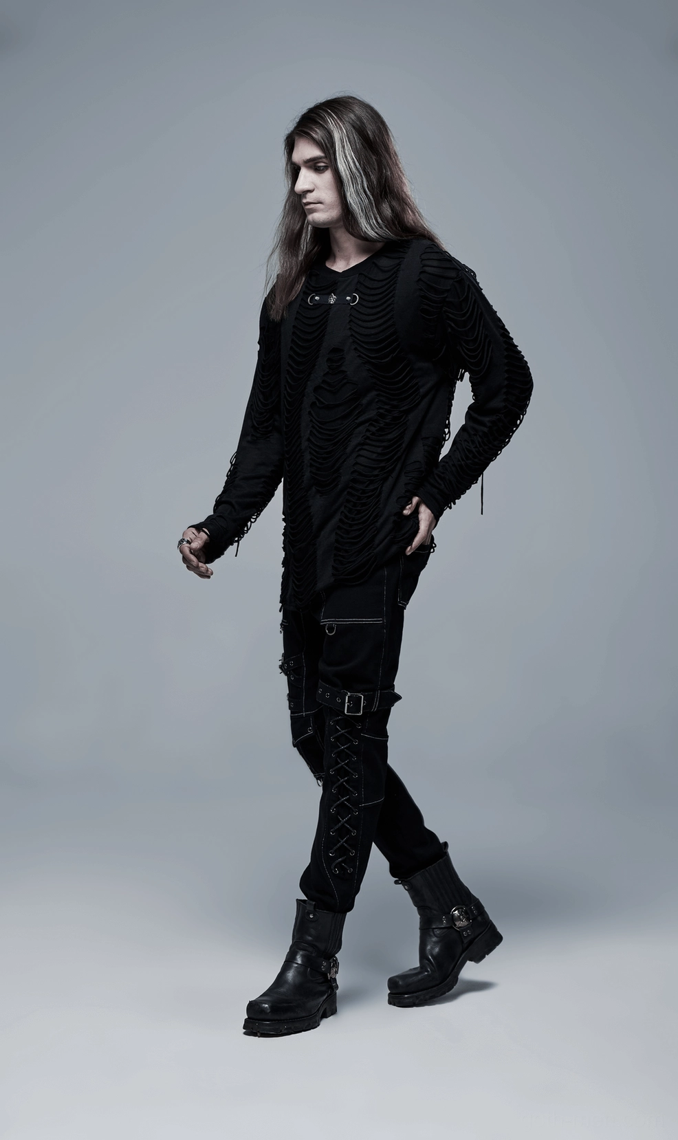 Men's gothic buckled cargo pants product showcase with full buckle strap system visible