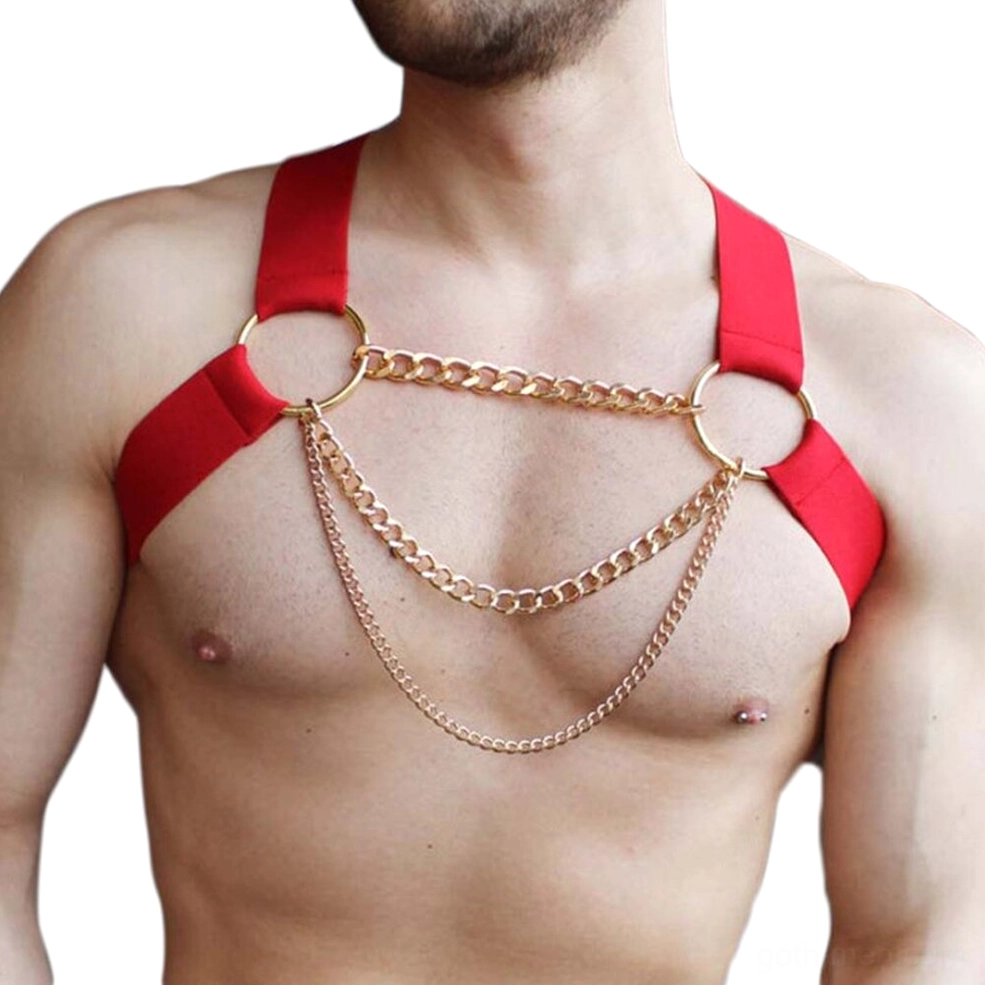 Red men's chain chest harness with layered gold chains and rings on male model, demonstrating the bold color option and chain placement