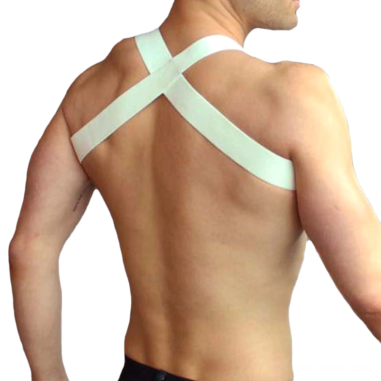 White faux leather chest harness back view showing light elastic shoulder straps and cross-back construction on shirtless male model