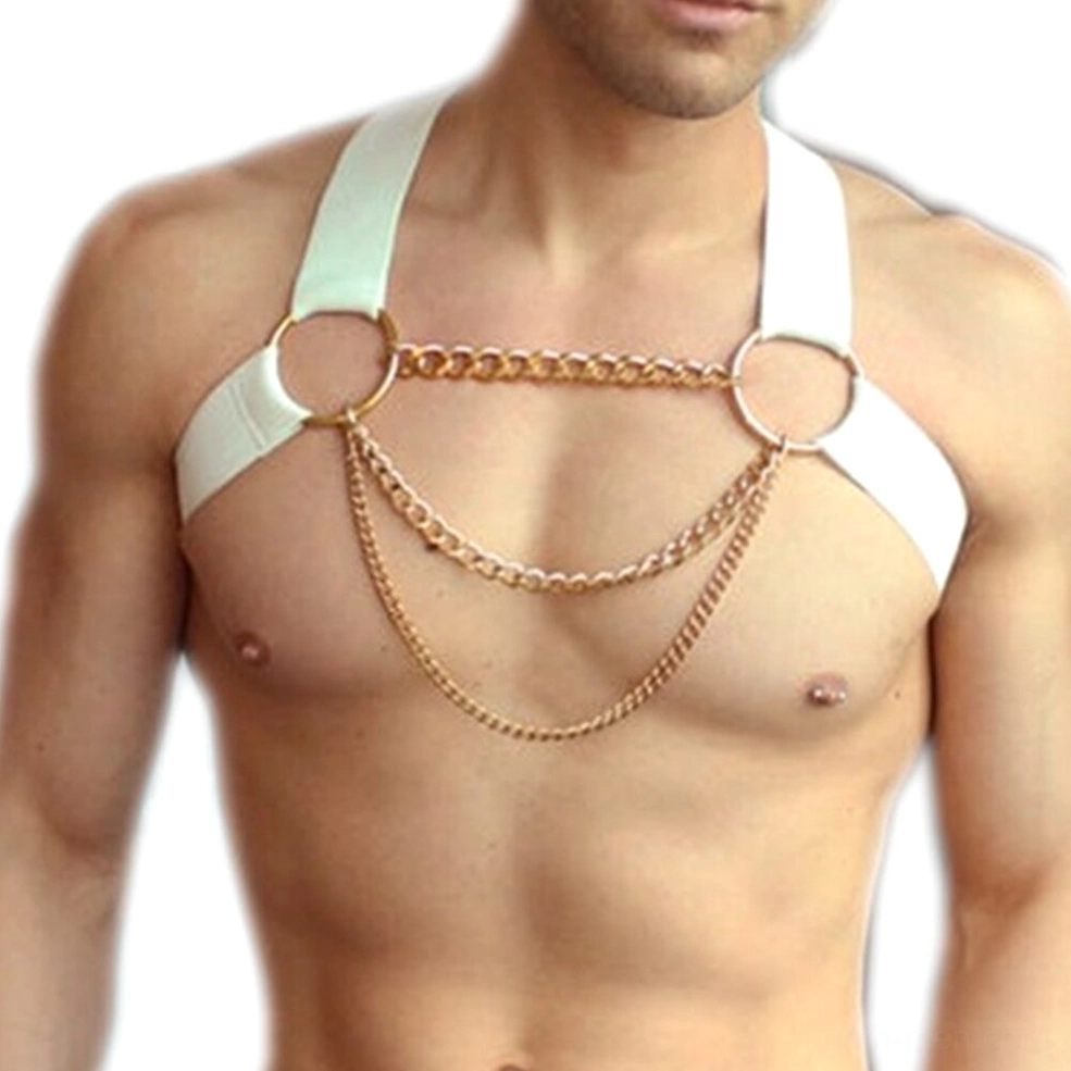 White men's chain chest harness with layered gold metal chains on male model, displaying the ethereal alternative styling option