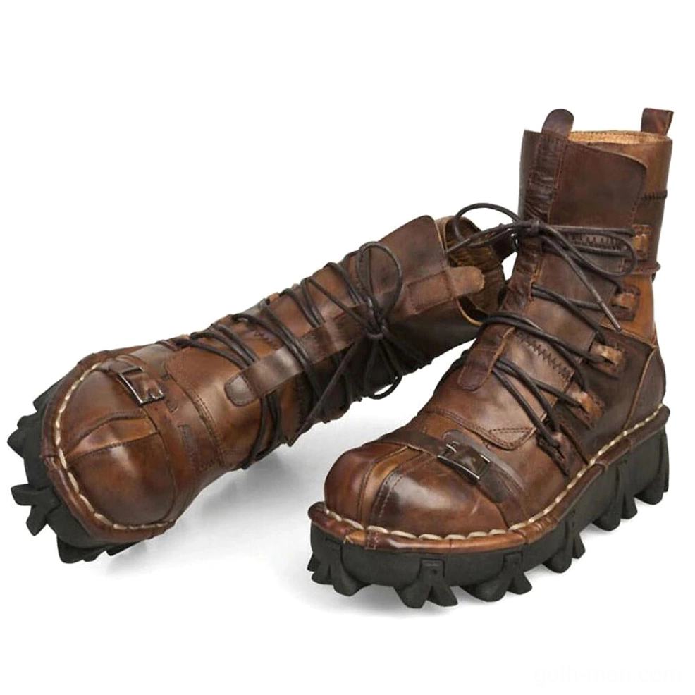 Brown genuine leather gothic combat boots with contrast topstitching, lace-up straps system, and rugged lug outsole displaying multiple styling details