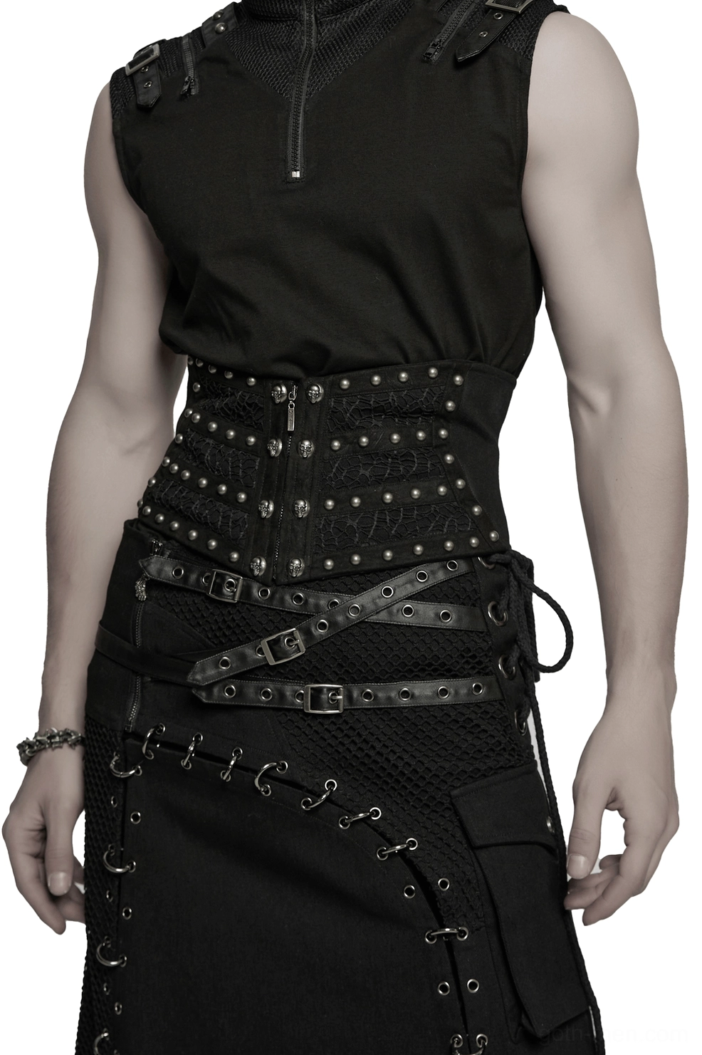 Men's black gothic corset belt front view with metal rivets and front zipper closure, worn by male model