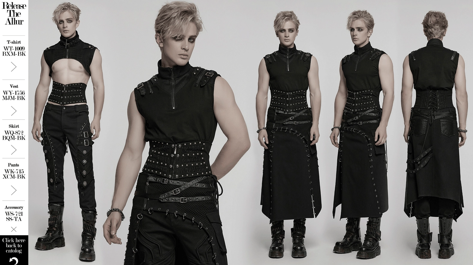 Full-length view of black men's gothic corset belt showcasing structured silhouette and rebellious industrial design