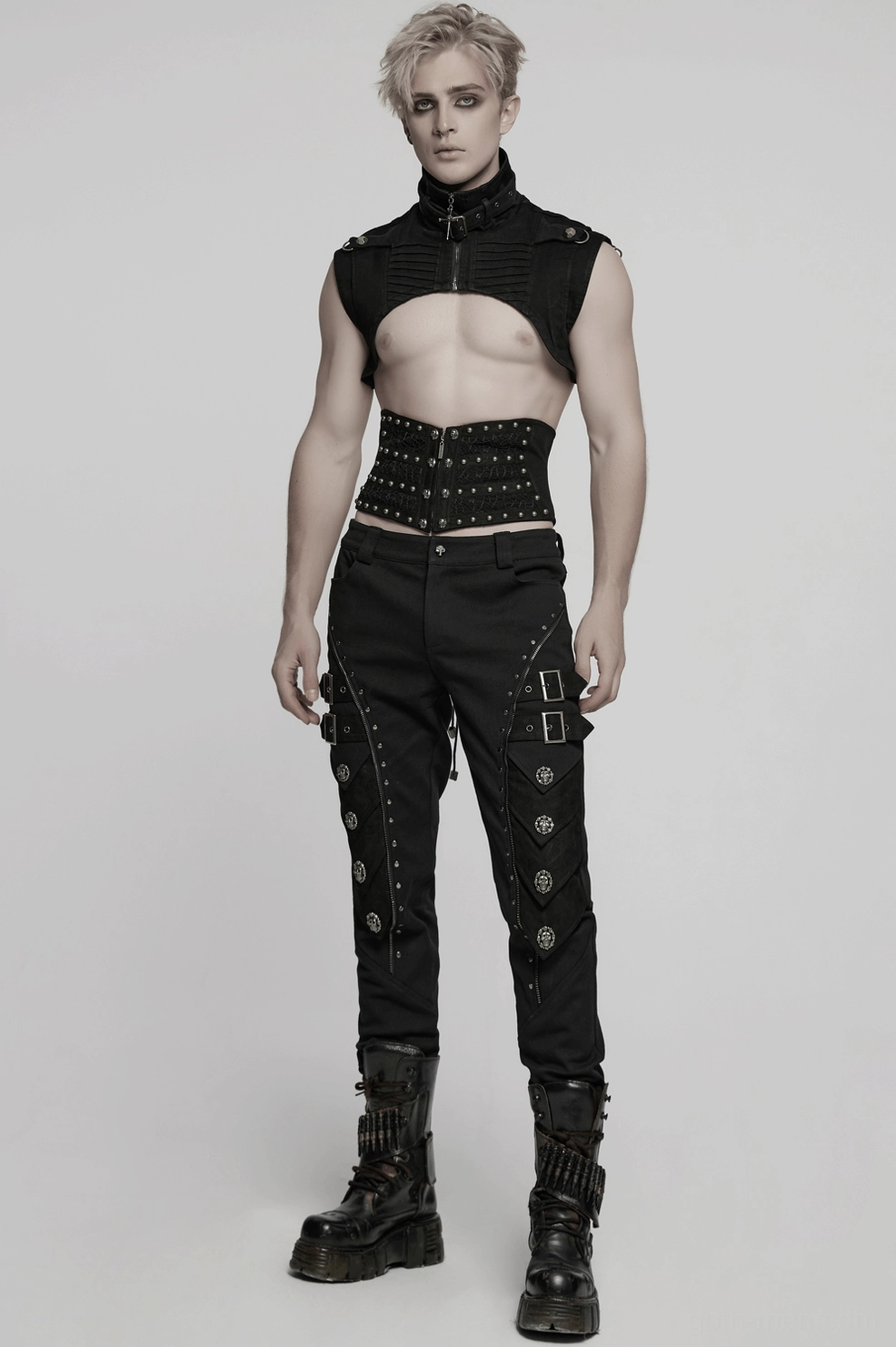 Men's black gothic corset belt showing mesh panels and woven fabric layered construction for textured effect