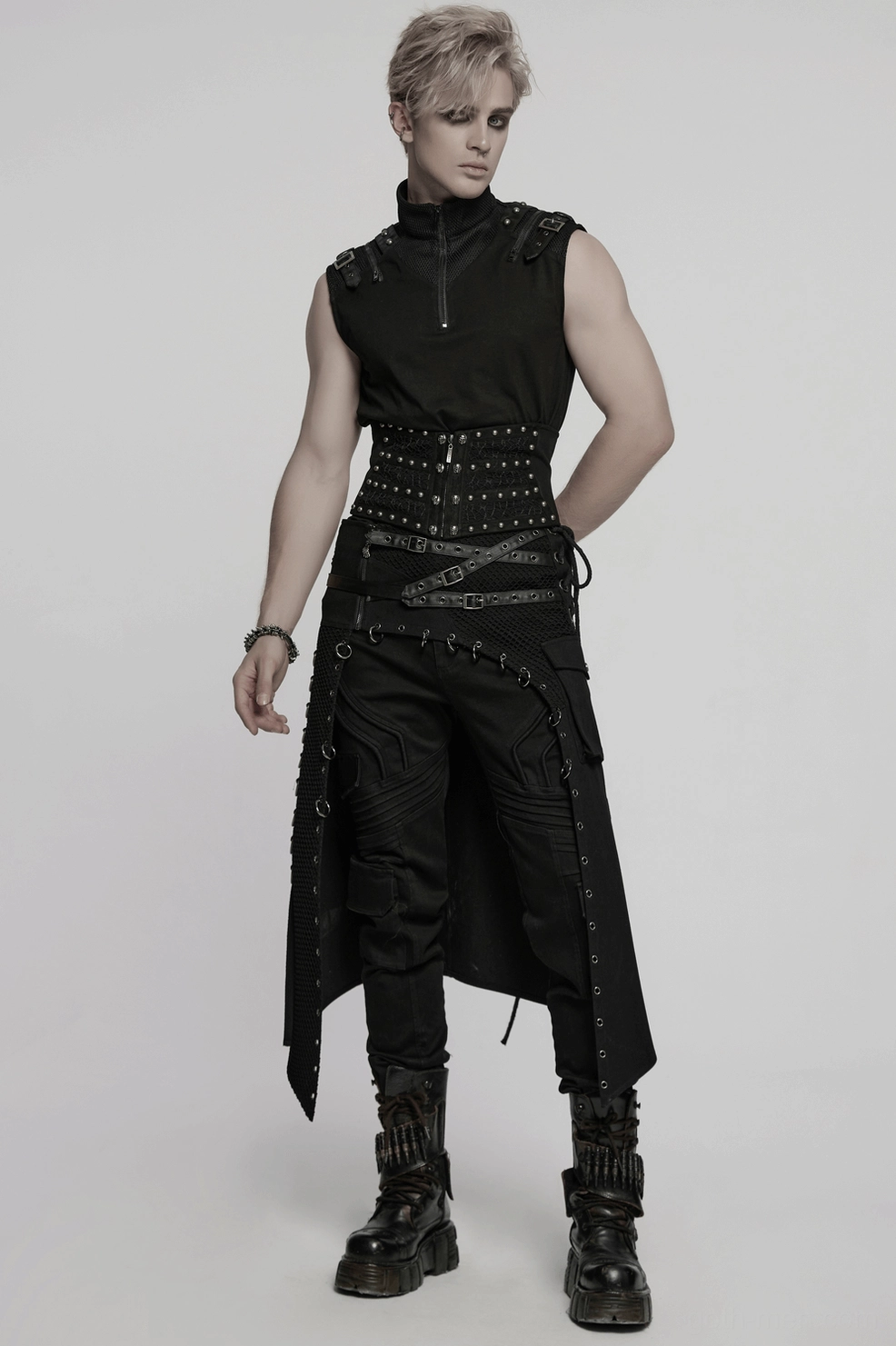 Men's gothic corset belt worn demonstrating fit and layered aesthetic with alternative dark fashion styling