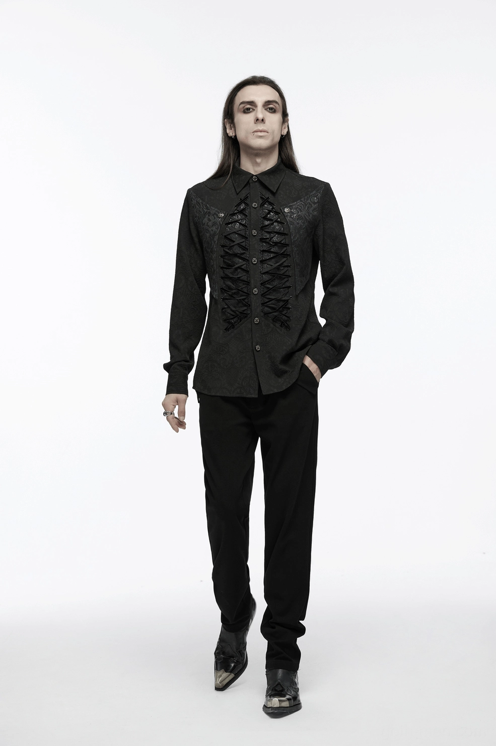 Gothic lace-up corset shirt men black brocade victorian design