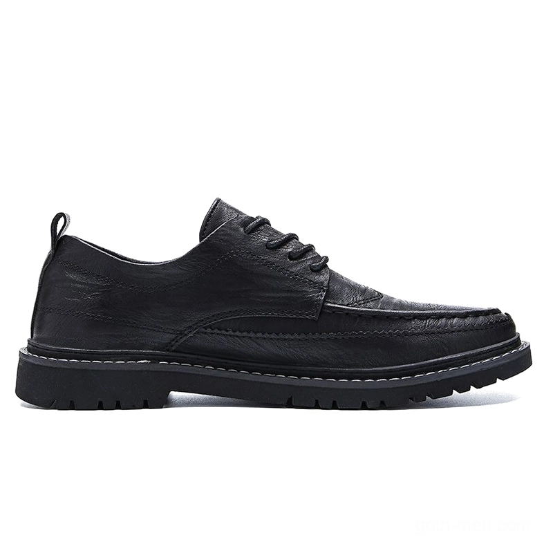 Men's gothic leather lace-up shoes side profile highlighting low-top silhouette and refined Derby proportions