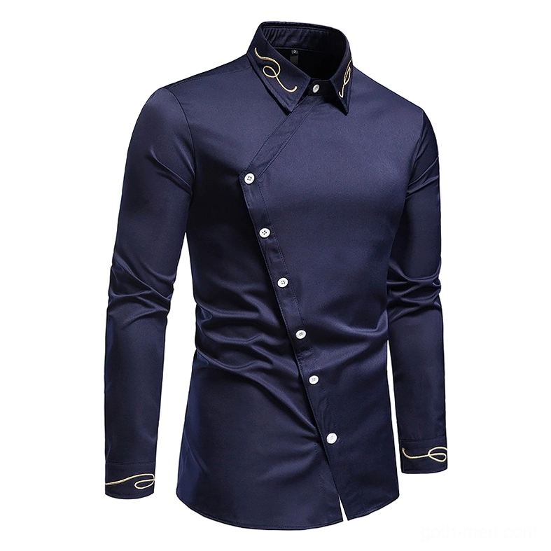 Men's gothic embroidered shirt side profile with diagonal white button closure