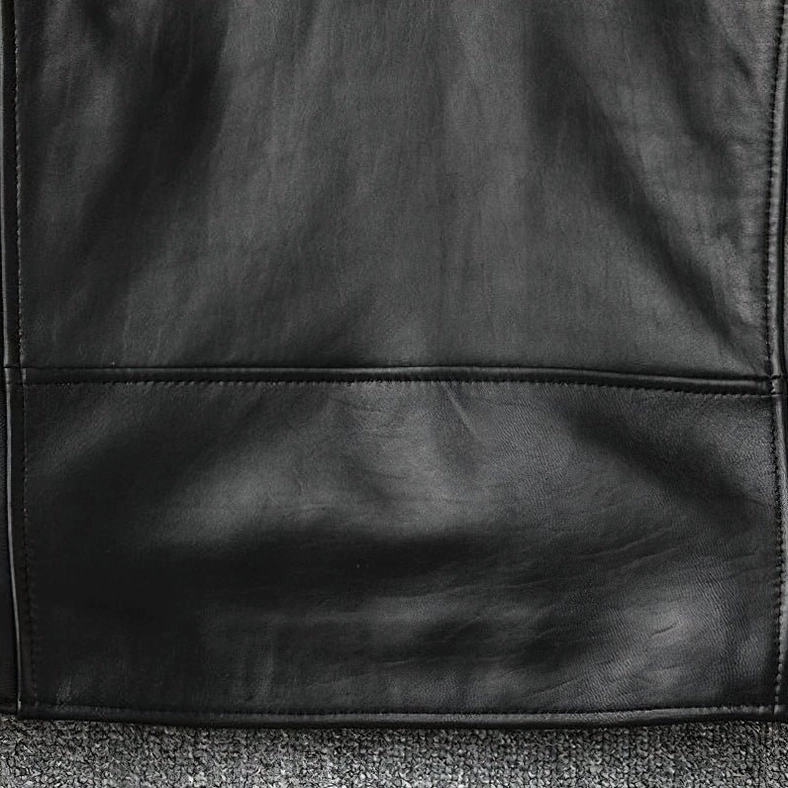 Men's gothic leather biker jacket quality construction seams stitching detail