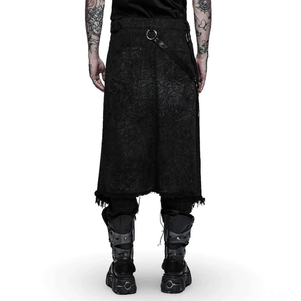 Black gothic kilt rear view showing cracked distressed fabric texture, back harness straps, and frayed asymmetric hem