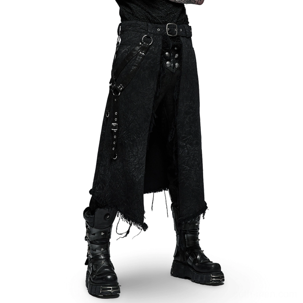 Men's black textured gothic kilt with adjustable harness straps and metal hardware, front three-quarter view on tattooed model