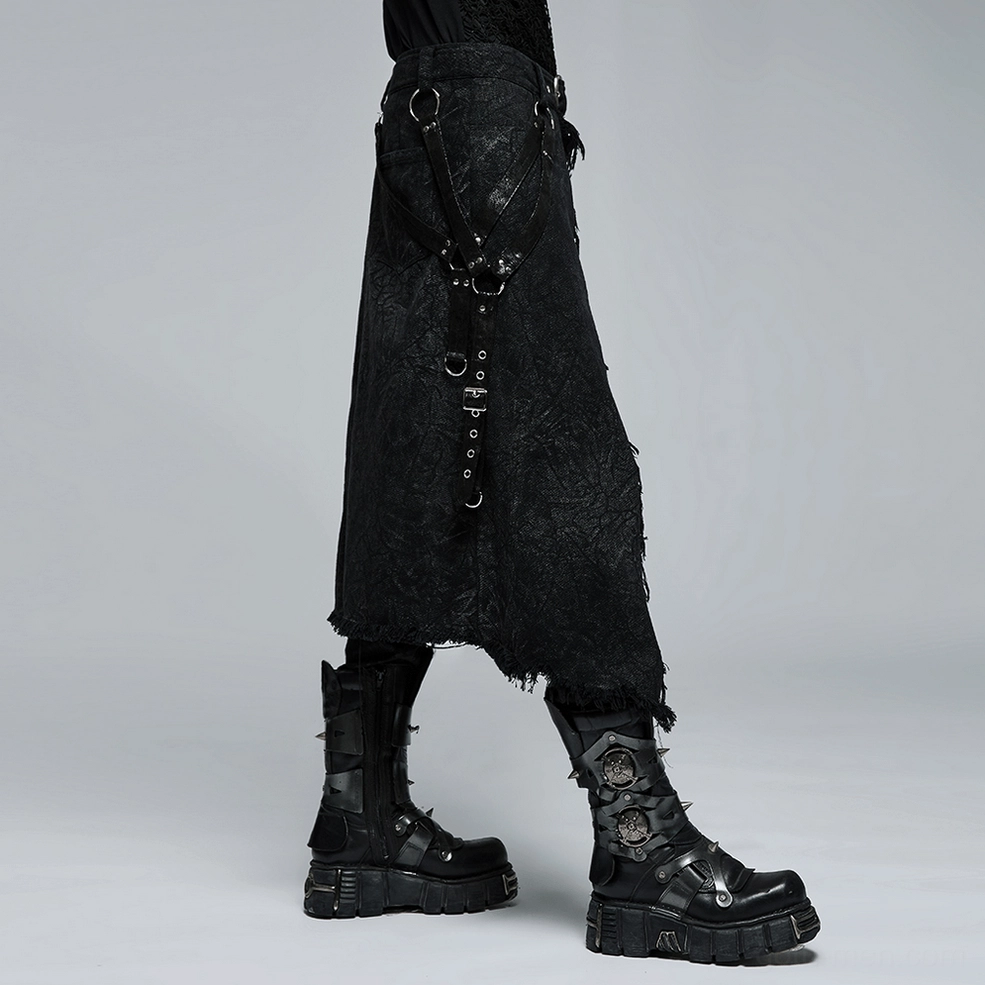 Black gothic kilt three-quarter view displaying cracked fabric texture, harness straps, metal hardware, and frayed hem