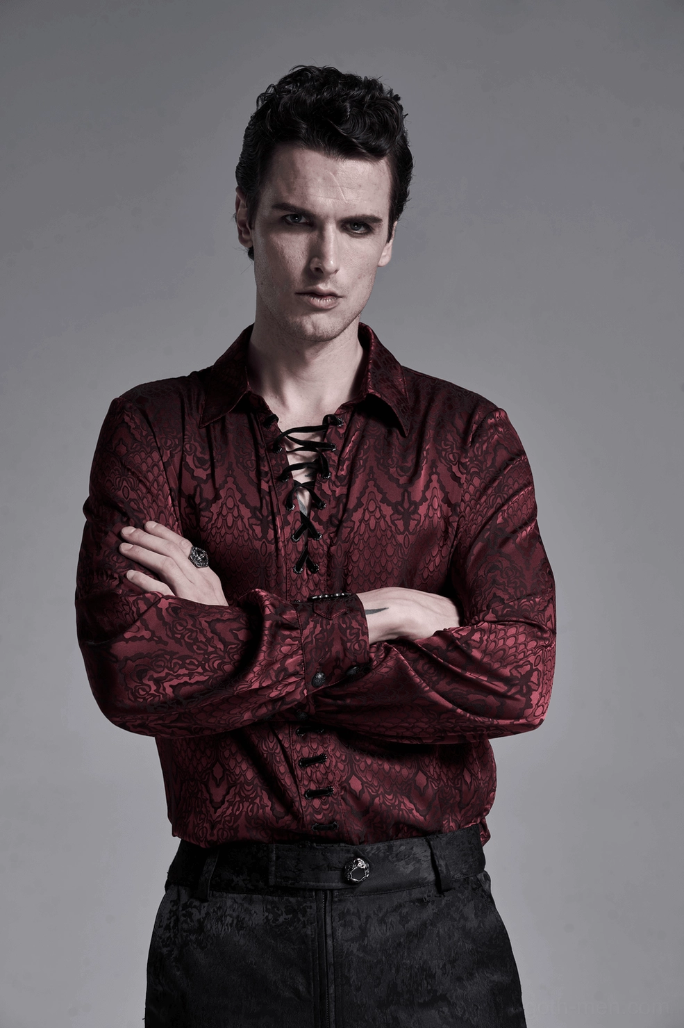 Men's burgundy gothic lace-up shirt alternative angle view displaying complete silhouette and ornate details