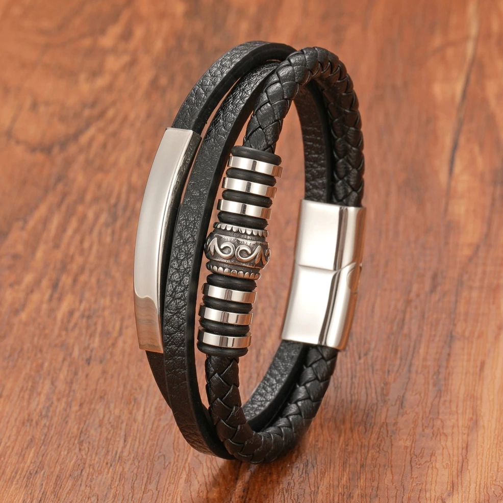 Black genuine leather and stainless steel men's bracelet worn style - lifestyle photography