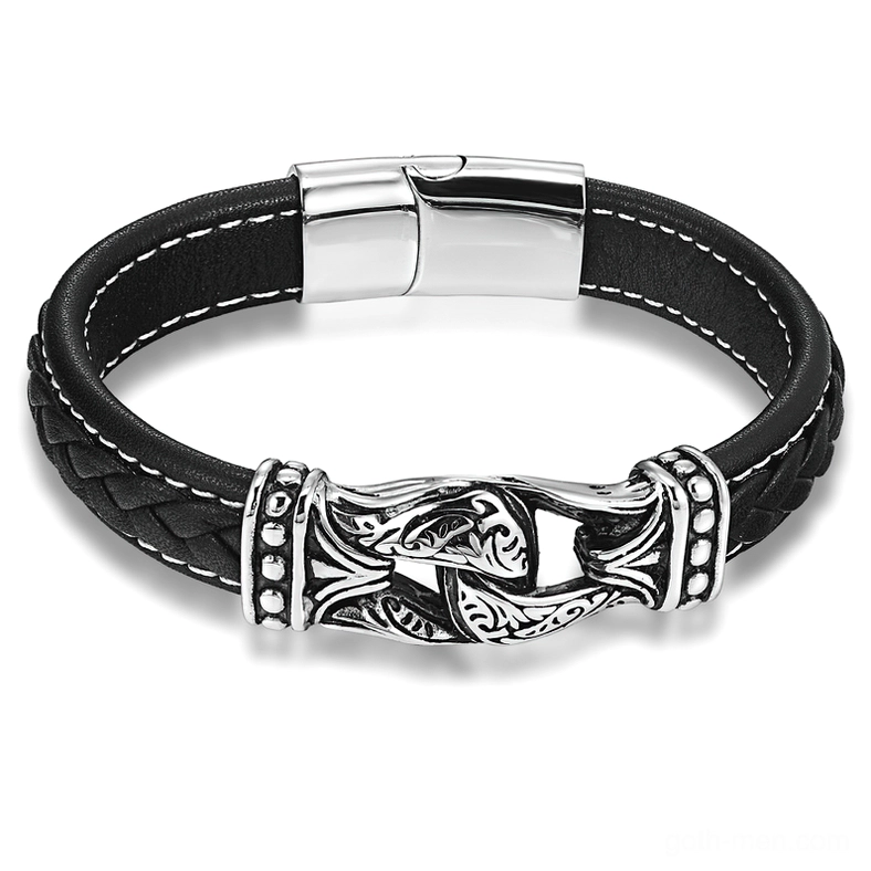 Men's gothic leather bracelet top-down view showing embossed stainless steel buckle and magnetic clasp on genuine leather strap