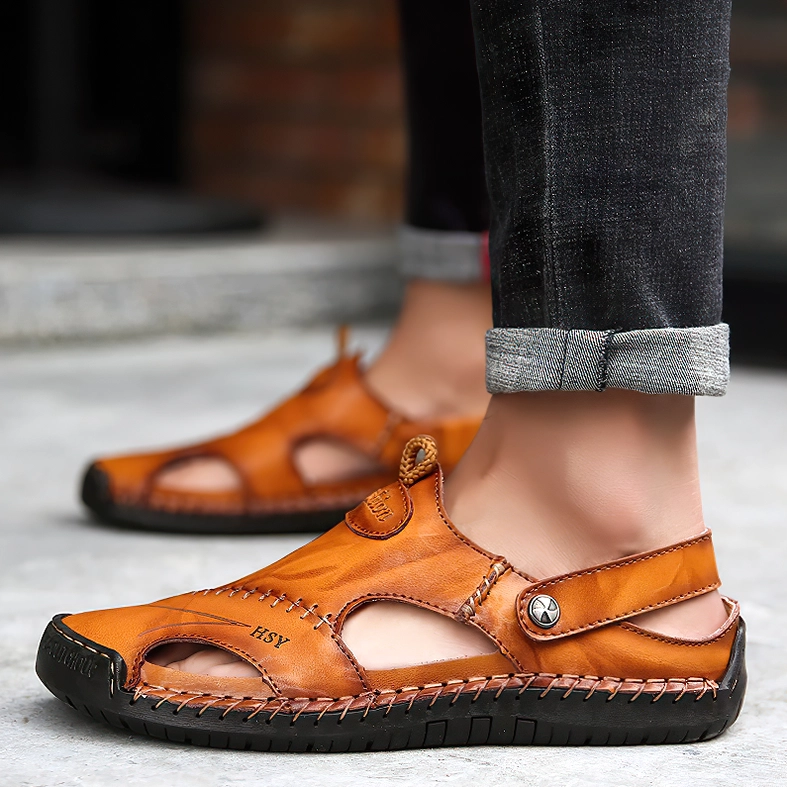 Genuine leather men's gothic buckle sandals in multiple colors including black khaki and tan displayed together