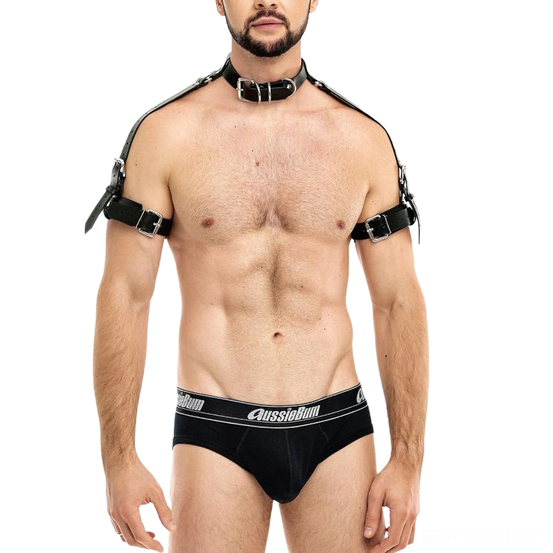 Shirtless muscular man wearing complete black gothic leather body harness with neck collar and branded underwear, full front view