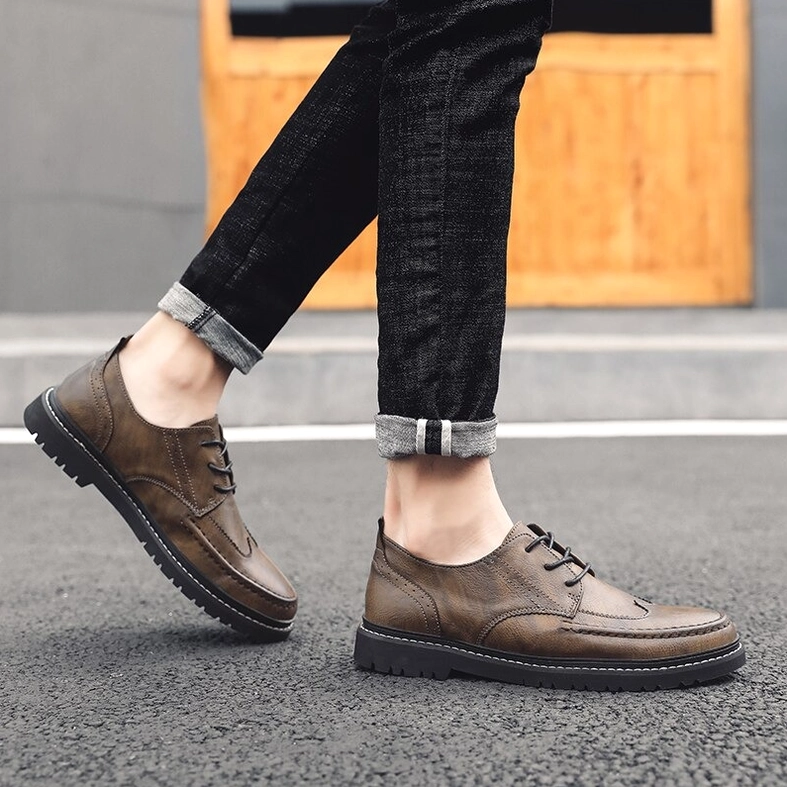 Men's gothic leather shoes casual wear presentation with alternative fashion styling inspiration