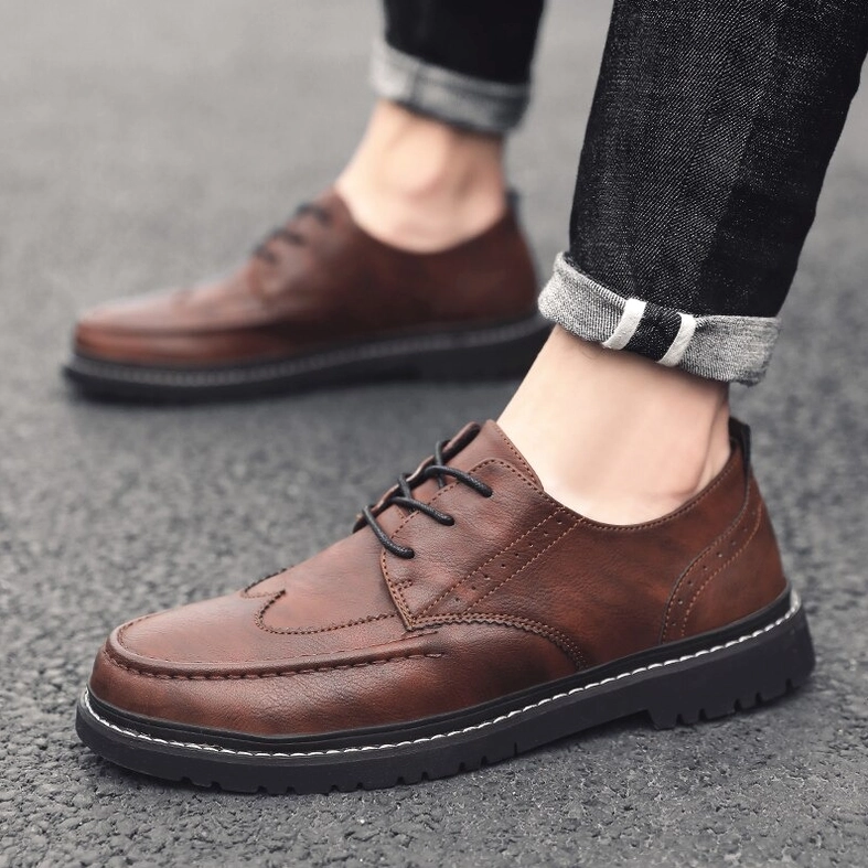 Men's gothic leather lace-up derby shoes front view showing classic five-eyelet design and leather upper