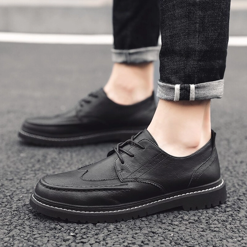 Premium split leather gothic men's shoes showing refined surface texture and matte finish