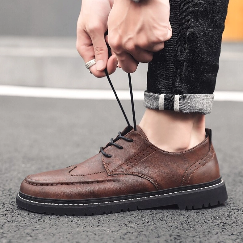 Men's gothic leather lace-up shoes three-quarter perspective showing complete shoe structure and proportions