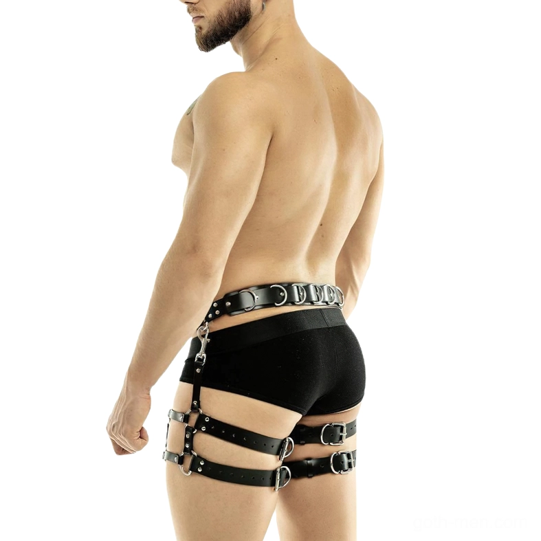 Men's gothic waist and dual thigh harness in black leather with back detail, rear view of lower body
