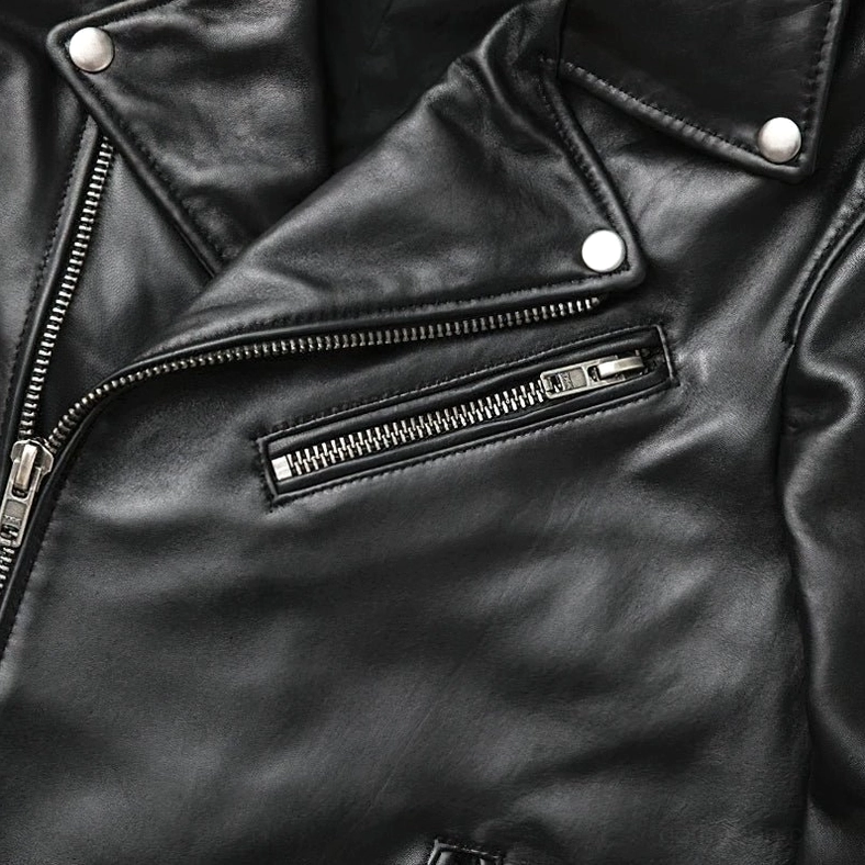 Men's genuine leather gothic moto jacket front asymmetrical zipper notched collar