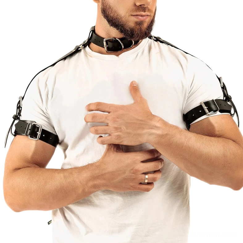 Men's gothic neck and shoulder body harness in black faux leather with arm straps and collar detail, front view