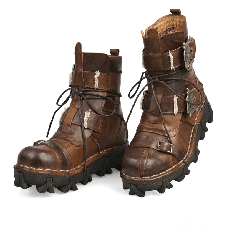 Vintage brown genuine leather gothic combat boots with metal buckle hardware, fur patch detail, and distressed leather finish for authentic rebellious aesthetic
