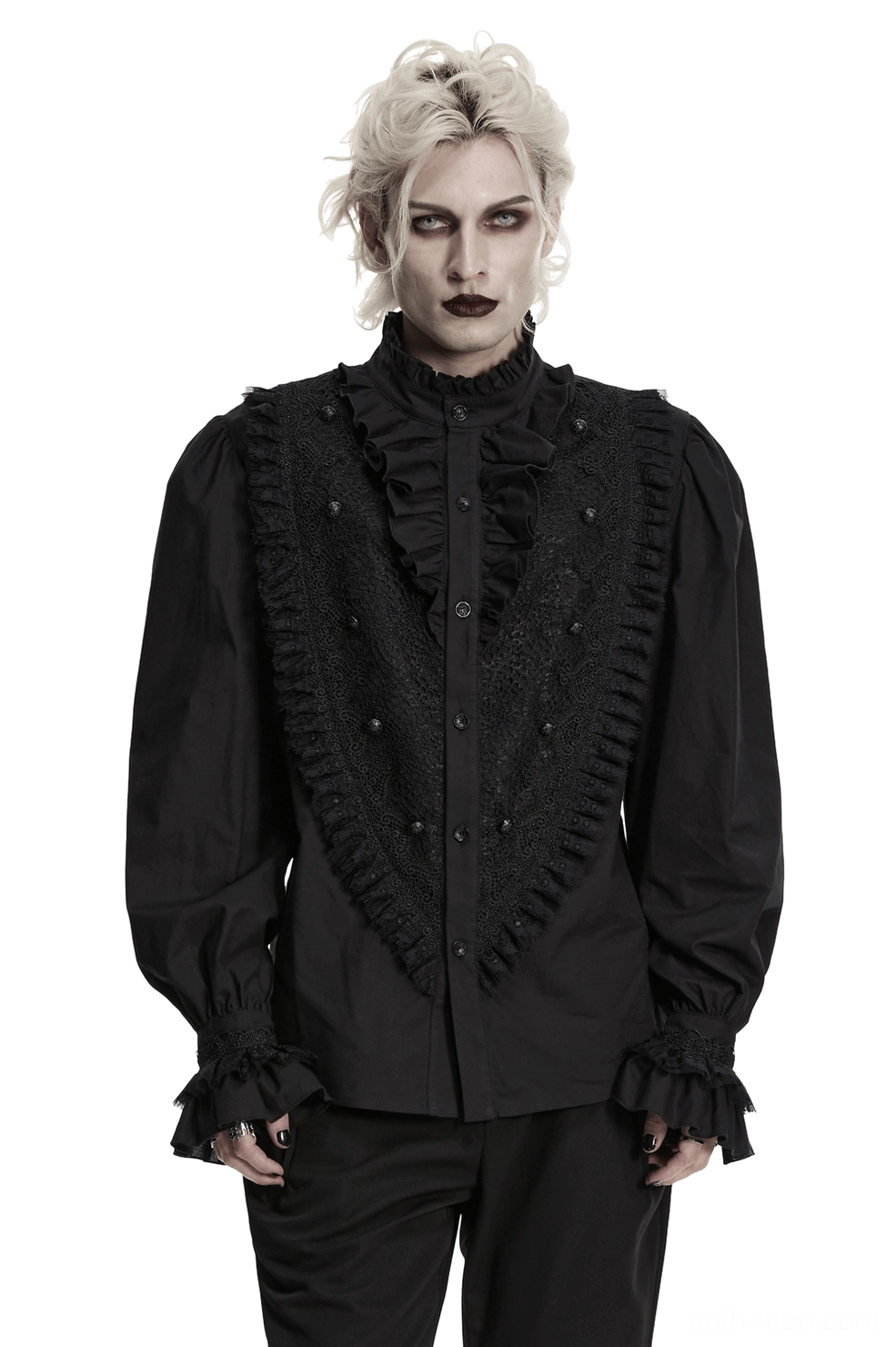 Men's Victorian gothic ruffle lace shirt with lantern sleeves front view worn by male model - dramatic black ruffled collar and lace panel detail