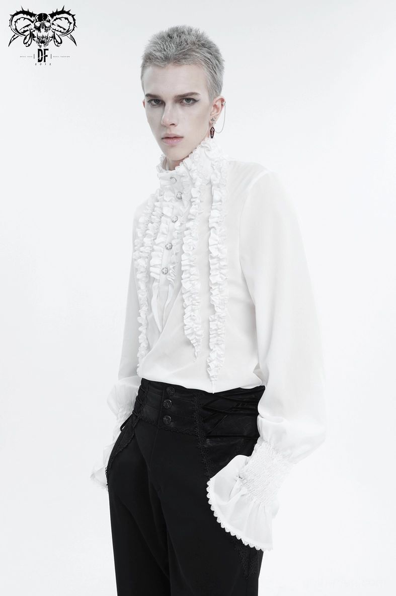 Men's dark fashion gothic ruffled shirt layered styling with alternative aesthetic