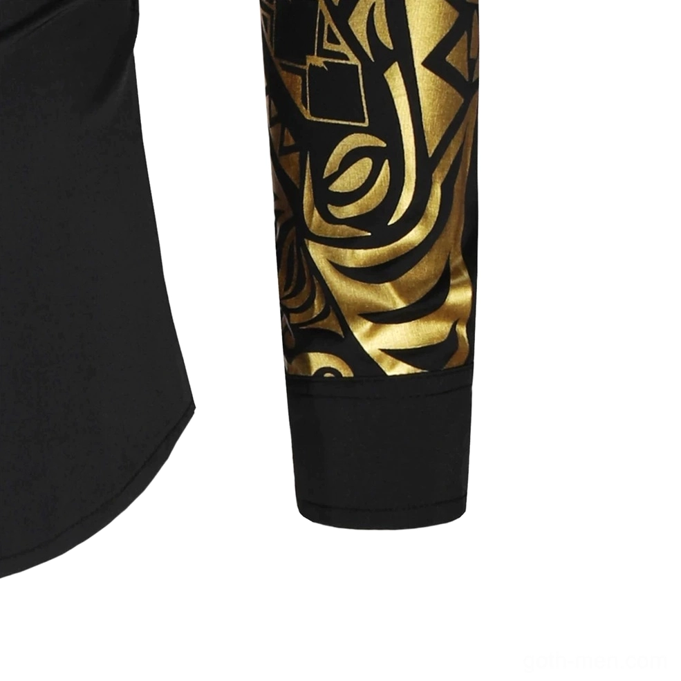 Men's gothic slim fit shirt full length view gold tribal print styling